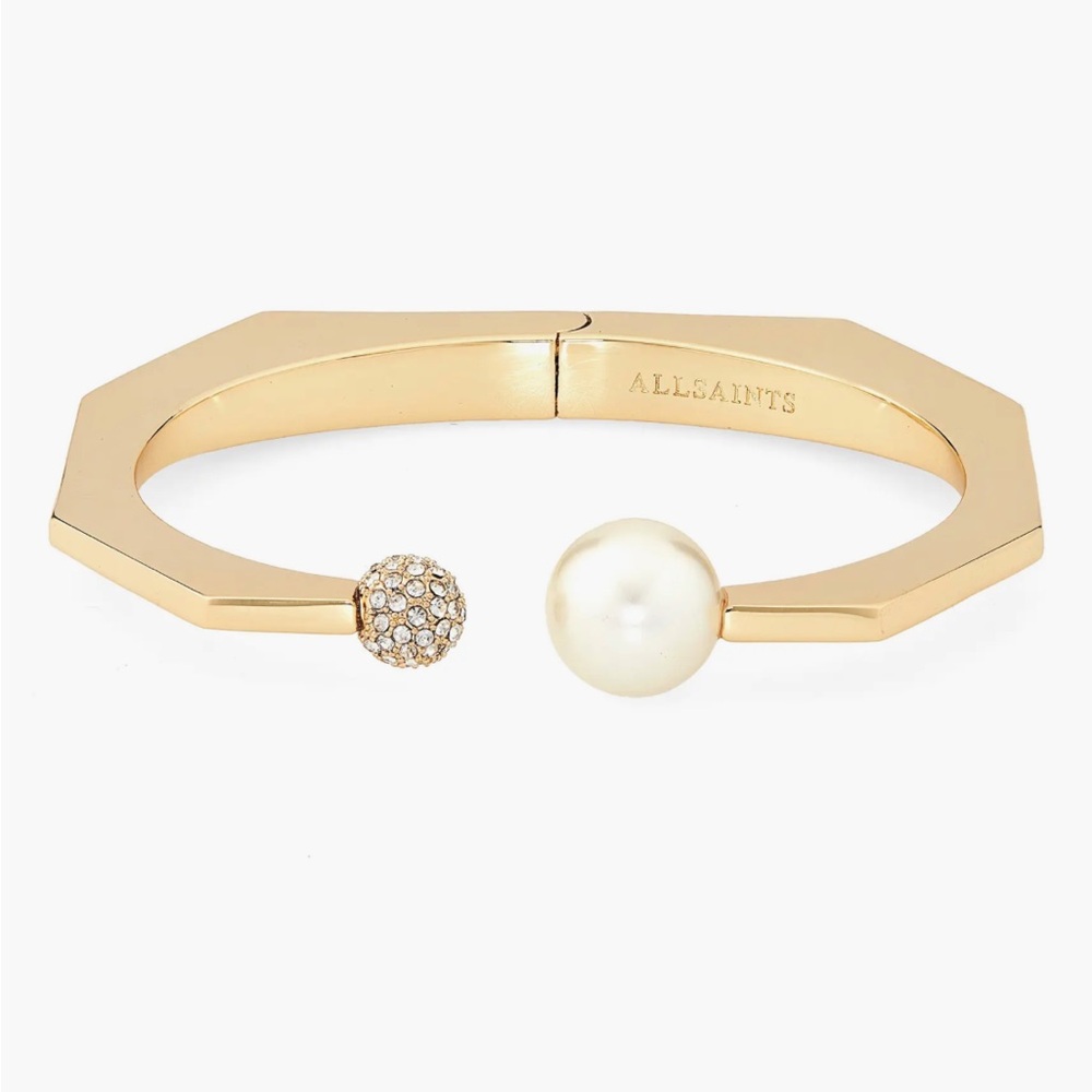 AllSaints Faux Pearl and Pavé Hinge Cuff Gold Pearl EUC!